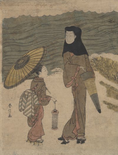 带着黑头巾和雨伞的女士与年轻的服务员外出散步。 作者 铃木春信