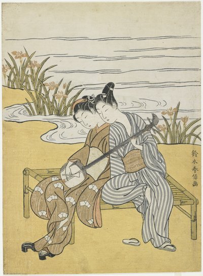 扮演玄宗和杨贵妃冥冥的恋人同样是三弦琴，c。 1767 作者 铃木春信
