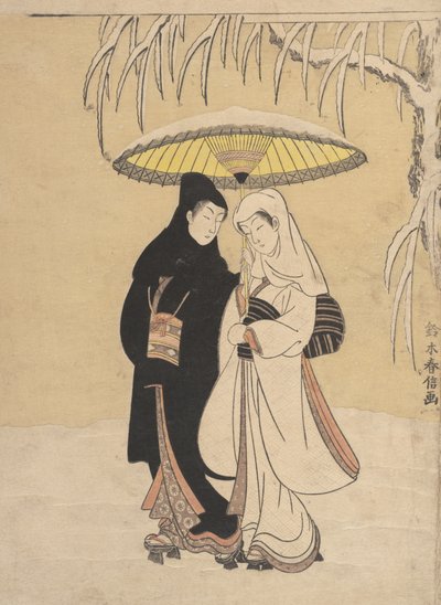 走在雪地里的恋人 乌鸦和苍鹭，1764-72. 作者 铃木春信