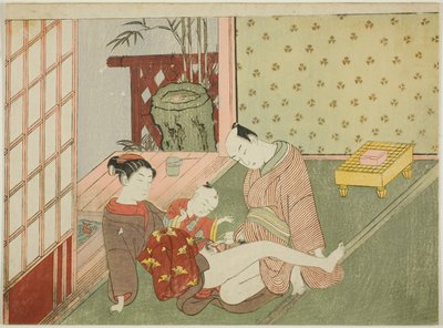 恋人和年轻的随从在旁观看，选自无标题情色版画系列 作者 铃木春信
