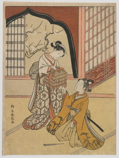 有鸟笼的恋人，江户时代，c.1766-67（彩色木版画） 作者 铃木春信