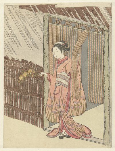 手里拿着山吹树枝的女孩 作者 铃木春信