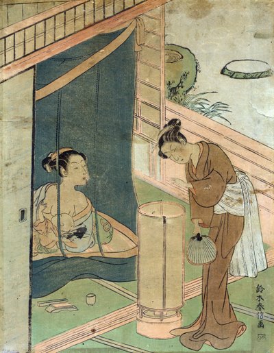 蚊帐后面的母亲和孩子，由日本浮世绘风格木版画艺术家 Harunobu Suzuki 设计。 作者 铃木春信