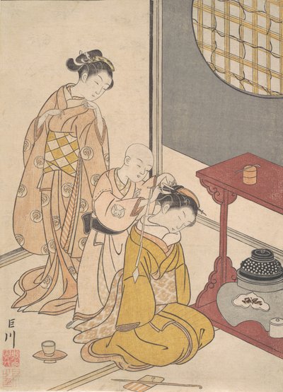 双层架子上的夜雨》，出自《八堂会审》系列Zashiki hakk...，约1766。 作者 铃木春信