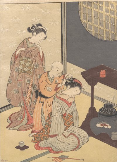 双层架子上的夜雨》，出自《八大客厅景观》系列，约18世纪末。 作者 铃木春信