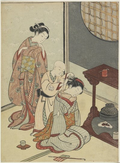 1766年后茶架上的夜雨（彩色木版画） 作者 铃木春信