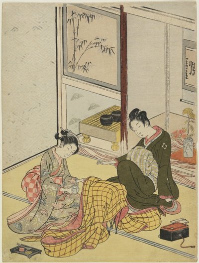 穿着长袍作为四个优雅的逍遥时光，1767秋季（彩色木版画） 作者 铃木春信
