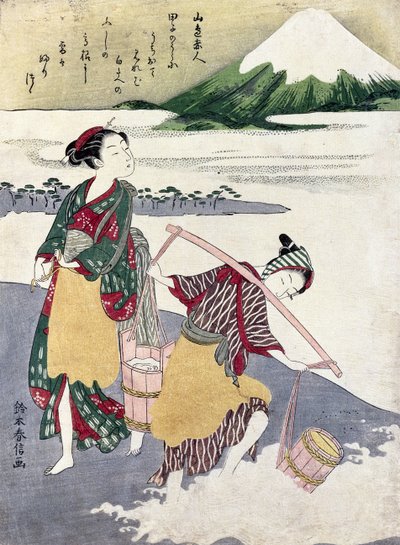 在Tago-no-ura海滩的盐少女与Mt.富士背后（彩色木版画） 作者 铃木春信