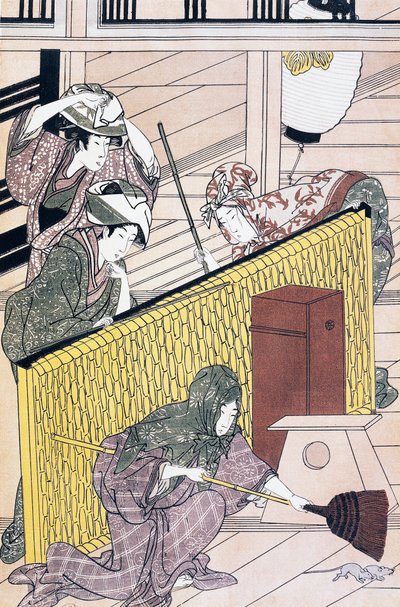 仆人在屋内追赶老鼠，铃木春信（1725-1770）的浮世绘艺术版画，木刻，日本文明，江户时代 作者 铃木春信