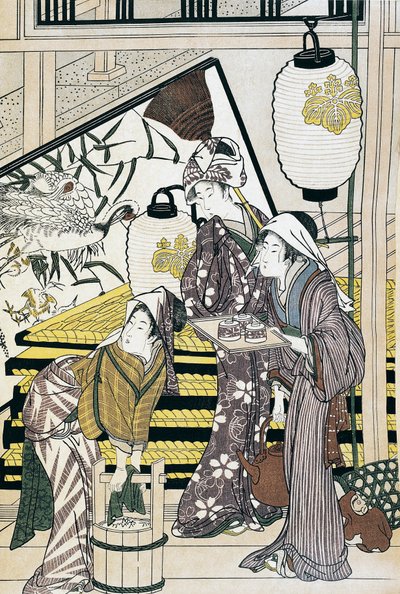 仆人在家中劳作，铃木春信（1725-1770）的浮世绘艺术版画，木刻，日本文明，江户时代 作者 铃木春信