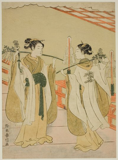 在汤岛天神神社跳舞的神社少女大南和大夏 作者 铃木春信