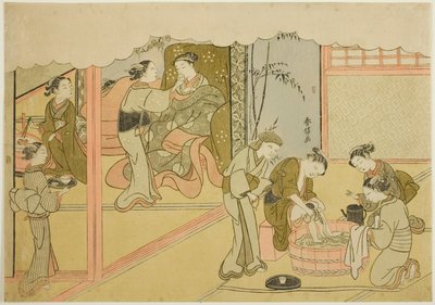 初产妇》（Uizan），"织锦版画中的婚姻，贤良淑德的妇女的马车（Konrei nishiki misao-guruma）"系列的第七张 作者 铃木春信