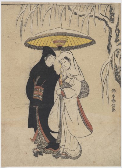 The Oriental Arts : Young Lovers Walking Together under an Umbrella in a Snow Storm par Harunobu, Suzuki (1724-1770), ca 1769. Colour woodcut, 25,7x19,1. Private Collection 作者 铃木春信