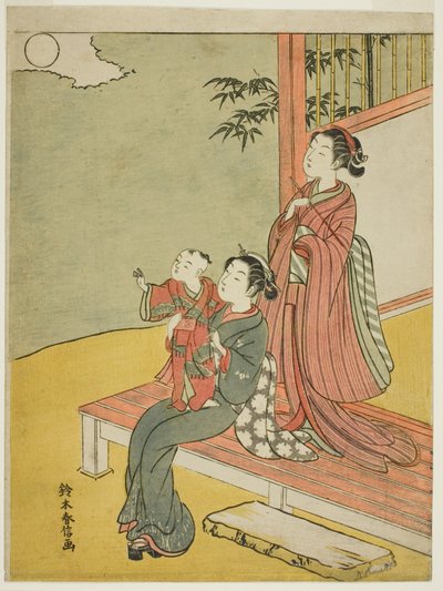 两个女人和一个孩子看满月 作者 铃木春信