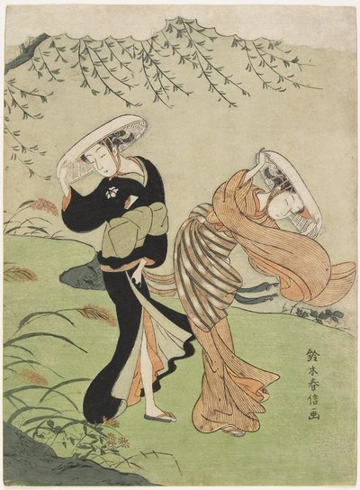 高风中的两个女人，c。 1767 作者 铃木春信