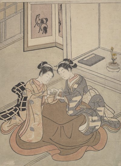 两个年轻女子坐在玩猫咪摇篮的小松旁边，约1765年，约1765年。 作者 铃木春信
