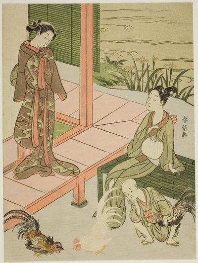 在阳台边看斗鸡 作者 铃木春信