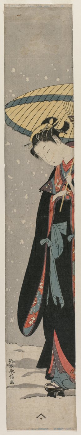 女人比欣与遮阳伞在雪中来自系列玉玉川。 作者 铃木春信