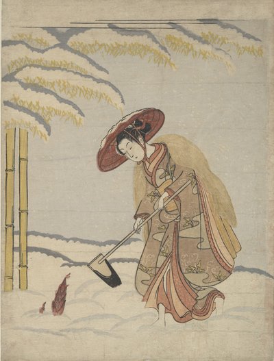 在雪地里挖竹笋的女人，或模仿孟宗摩梭，来自《二十世纪》，约1765年。 作者 铃木春信