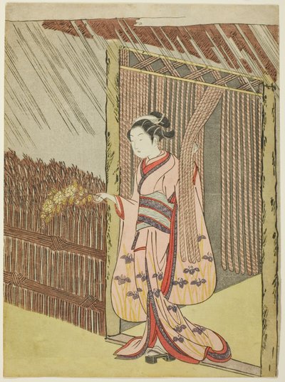 雨中手持棣棠花花枝的女子（模仿太田独蒜） 作者 铃木春信