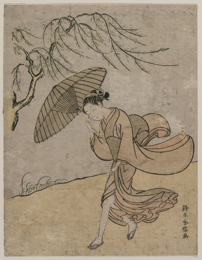 女子在微风中跑过一棵柳树 作者 铃木春信