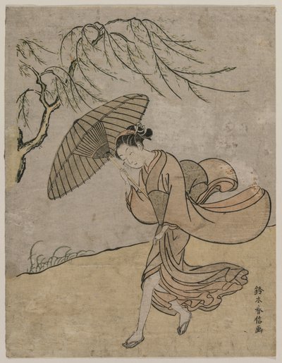 1766或1767年，微风中的柳树奔跑的女人。 作者 铃木春信