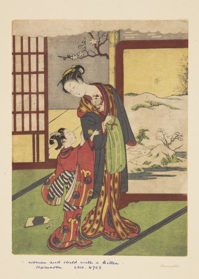有小猫的女人和孩子（彩色木版画） 作者 铃木春信