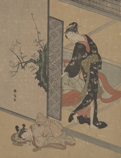 年轻的女士透过门缝看她在地板上睡觉的卡穆罗小仆人。 作者 铃木春信