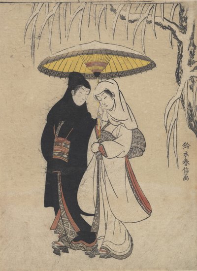 年轻的恋人在暴风雪中的伞下漫步 乌鸦和苍鹭，约......，约1769年。 作者 铃木春信