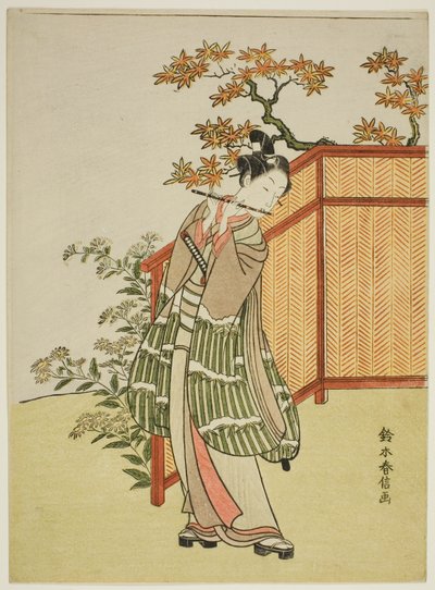 在篱笆旁吹笛的年轻人 作者 铃木春信