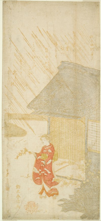 手持棣棠树枝的年轻女子（模仿太田独干） 作者 铃木春信