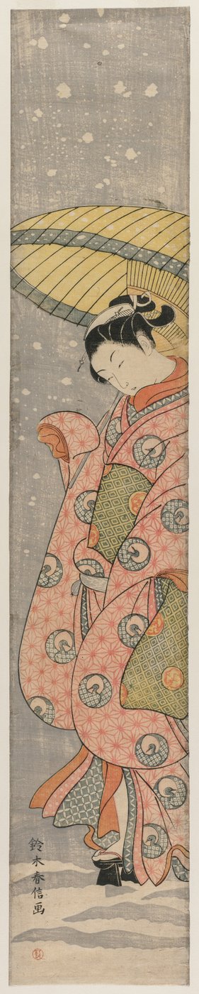 站立在雪的一把伞下的少妇，1767-1768。 作者 铃木春信