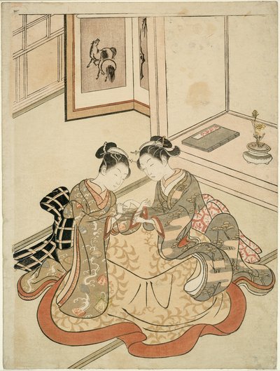 玩猫摇篮游戏的年轻女性 作者 铃木春信
