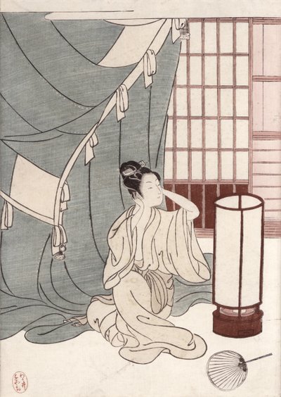年轻女子跪在她的蚊帐，1766年（彩色木版画） 作者 铃木春信