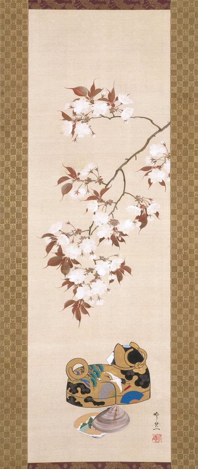 樱桃和狗形盒子（绢本水墨、彩色和金色） 作者 铃木纪津