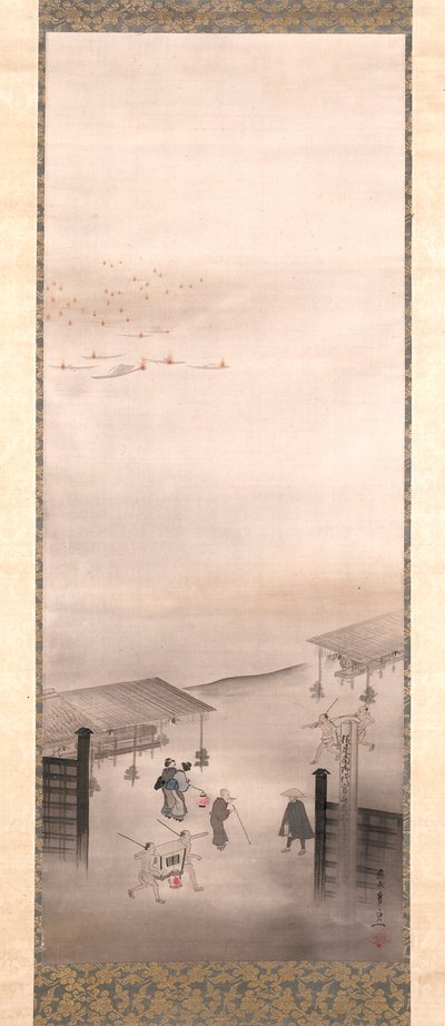 吉原与品川（绢本水墨、彩色和金色） 作者 铃木纪津
