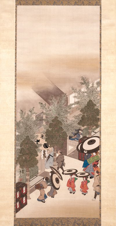 吉原与品川（丝绸、设色、描金） 作者 铃木纪津