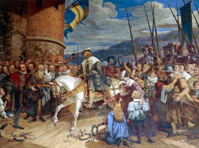瑞典国王古斯塔夫一世·埃里克森·瓦萨在乌普萨拉受到胜利欢迎 作者 Swedish School