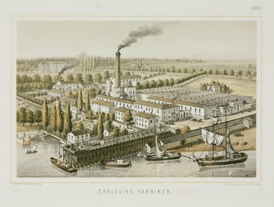 瑞典斯德哥尔摩Carlsviks的纺织厂，约1840年（彩色平印）。 作者 瑞典学校