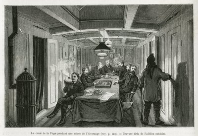 The square of La Vega, during a winter evening, and the activities of the crew: reading, chess and backgammon games, as well as liqueur tasting. Engraving from the Swedish edition, to illustrate the story “” Voyage de la Vega around Asia and Europe”, by Ni 作者 瑞典学校