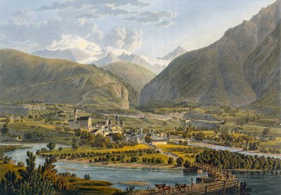 瑞士伯尔尼阿尔卑斯山的罗讷河畔，来自Villeage Pittoresque de Geneve a Milan，1819 作者 瑞士学校