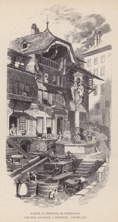 在弗莱堡 im üechtland, Une Rue Ancienne a 弗里堡, 乌希特兰 (雕刻) 作者 瑞士学校