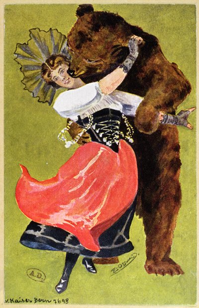 伯尔尼的明信片描绘了一个女人和一只熊，c.1900 作者 瑞士学校