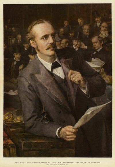 尊敬的 Arthur James Balfour，议员，在下议院讲话（彩色石版画） 作者 悉尼先验（后）厅