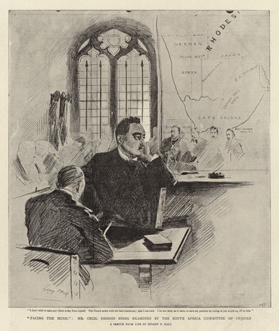 面对音乐，Cecil Rhodes先生正在接受南非调查委员会的审查 作者 Sydney Prior Hall