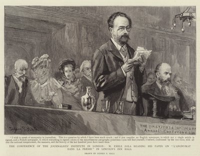 伦敦记者研究所会议，M Emile Zola在林肯的旅馆大厅阅读他关于L&39;Anonymant dans la Presse的论文 作者 悉尼先验厅