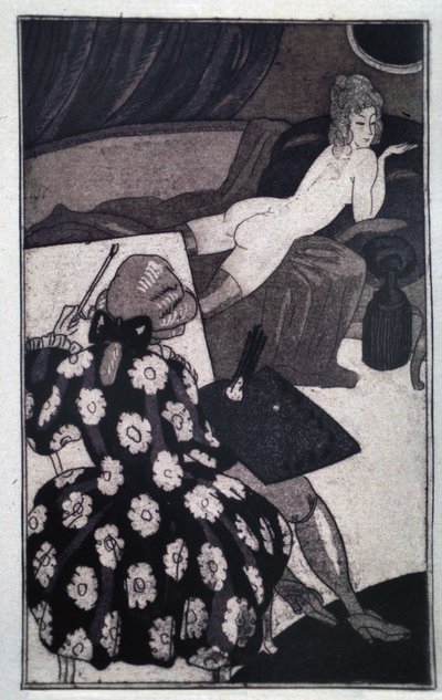 色情：贾科莫·卡萨诺瓦（Giacomo Casanova，1725-1798）描绘他的细长情妇慵懒地赤身裸体地躺在沙发上（蚀刻） 作者 西尔万·索瓦奇