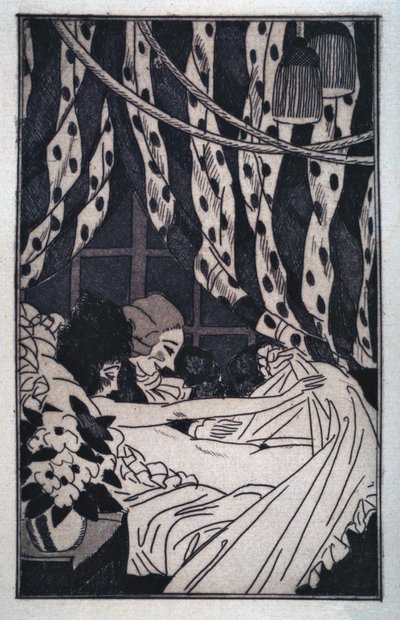 情色：贾科莫-卡萨诺瓦（Giacomo Casanova，1725-1798 年）掀开床单欣赏他的裸体情妇，20 世纪初（蚀刻版画） 作者 西尔万·索瓦奇