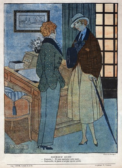 安德烈-比拉博（1890-1974 年）和马塞尔-埃尔维约创作的戏剧作品 "Elles tirera "的场景插图，载于 11 月 15 日第 124 期 "La baionnette "杂志。 作者 西尔万·索瓦奇