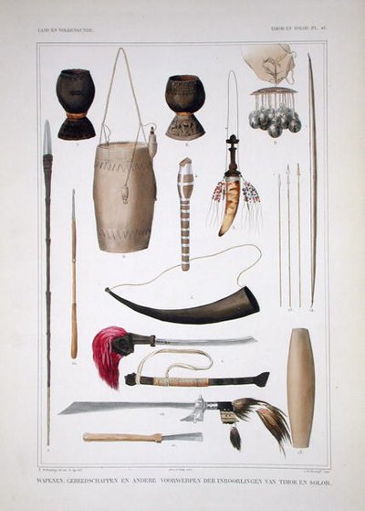 来自帝汶的武器和祭祀用品，来自 "Verhandelingen over de Natuurlijke Geschiedenis Nederlandsche overzeesche Bezittingen"，第一卷，作者Coenraad Jacob Temminck，Salomon Muller雕刻，1839-44年出版（彩色平板）。 作者 TC（后）布鲁宁